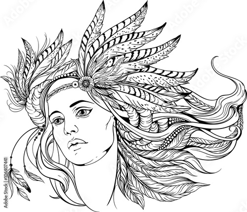 woman in indians style. black and white