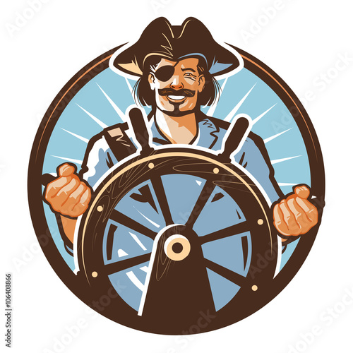 Pirate ship vector logo. Jolly Roger, journey or corsair icon