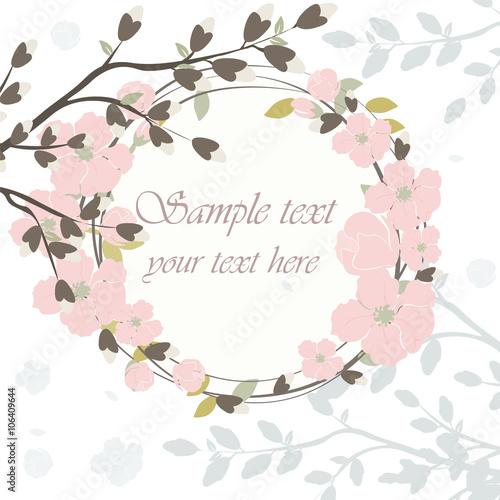Round frame with delicate pink flowers. Spring floral blossom Vector background. Bright illustration, can be used as card,invitation, for wedding,birthday and other holiday.