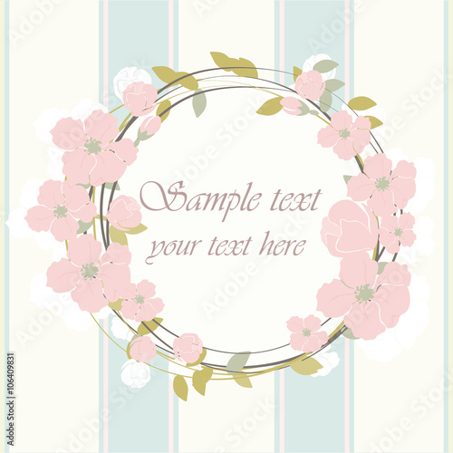 Round frame with delicate pink flowers. Spring floral blossom Vector background. Bright illustration, can be used as card,invitation, for wedding,birthday and other holiday.