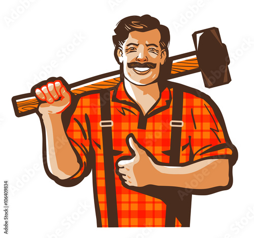 construction worker vector logo. workman, laborer or blacksmith icon