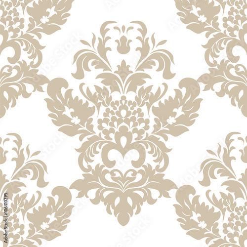 Vector floral damask ornament pattern. Stylized lily flower. Elegant luxury texture for textile, fabrics or wallpapers backgrounds. White and beige colors.