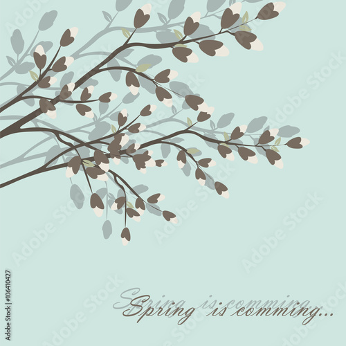 Spring is coming background tree with blossom flowers. Vector spring backgrou...