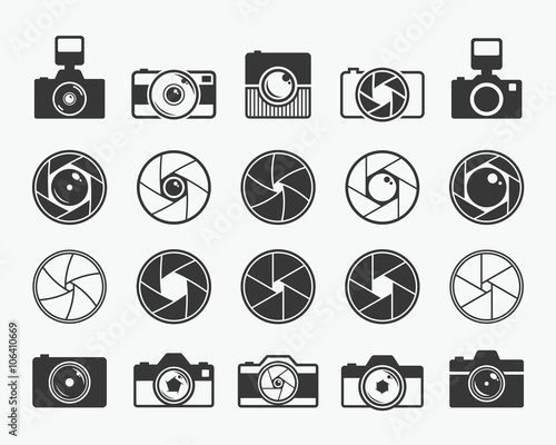 Camera shutter, lenses and photo camera icons