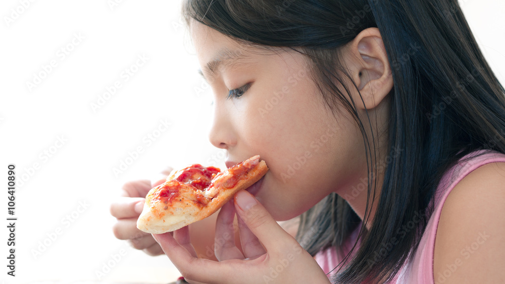 beautiful girl eating pizza, isolated on white background, close