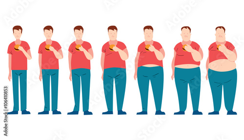 Man eating fast food and getting fatter. a fat phase. Do not dieting. Junk food. Malnutrition.