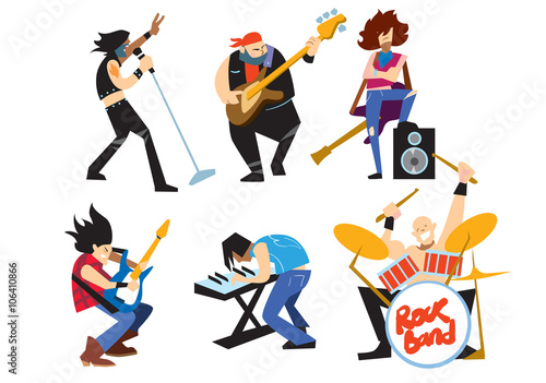 Musicians rock group isolated on white background. Singer, guitarist, drummer, solo guitarist, bassist, keyboardist. Rock band. Vecor illustration.