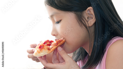 beautiful girl eating pizza  isolated on white background  close