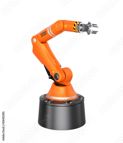 Orange robotic arm isolated on white background.  3D rendering image with clipping path.