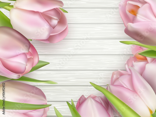 Pink tulips on wooden background. EPS 10 photo