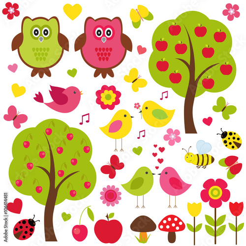 Vector set of nature. Love birds, trees with fruit, flowers and various insects.