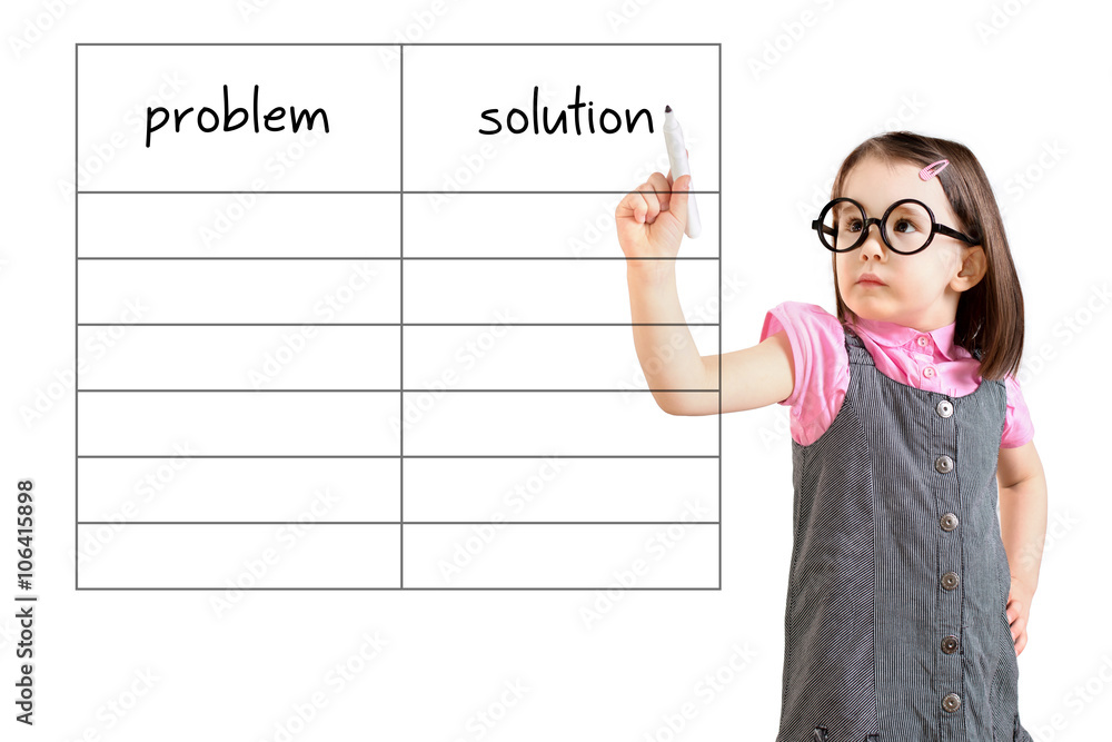 Cute little girl wearing business dress and writing problem and solution list in blank. White background. Cute little girl wearing business dress and writing problem and solution list in blank. White background.