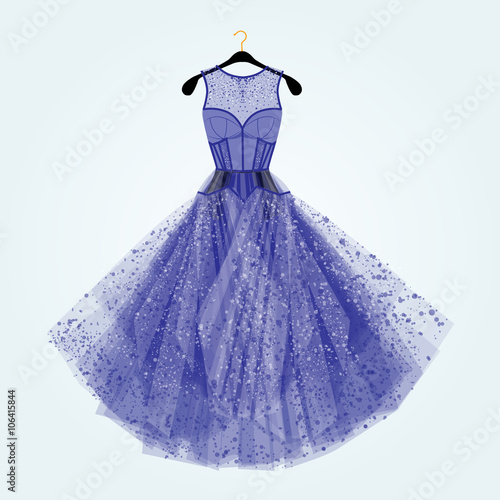 Blue dress with rhinestones. Fashion illustration. 