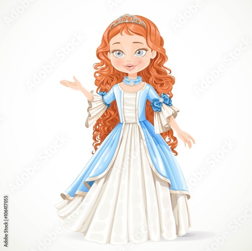 Beautiful young brunette princess in a blue dress and tiara tell