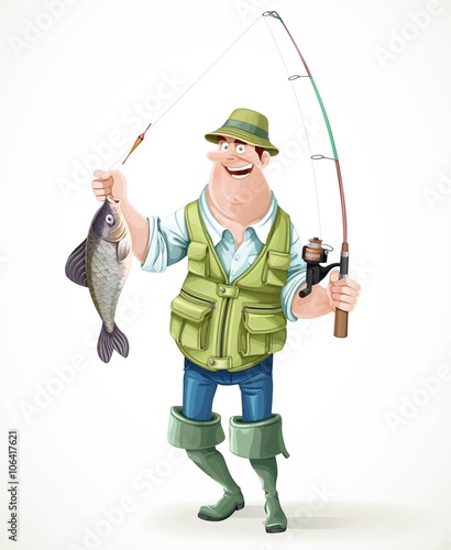 Fisherman in rubber boots with a caught fish and a fishing rod isolated on white background