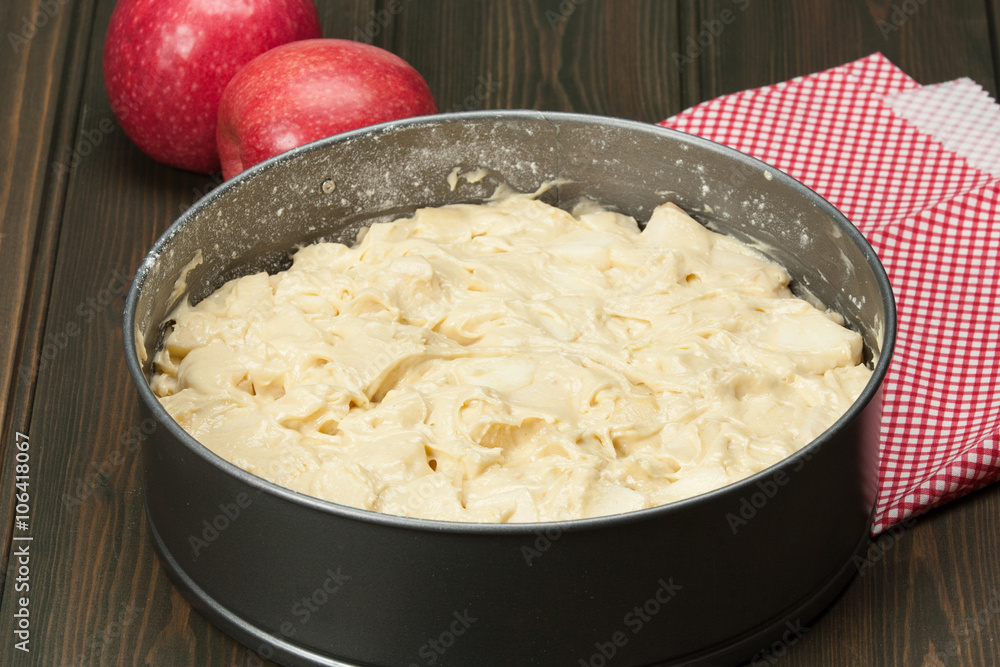 Raw Traditional Homemade German Apple Pie. Wooden Table. Raw Traditional Homemade German Apple Pie. Wooden Table.