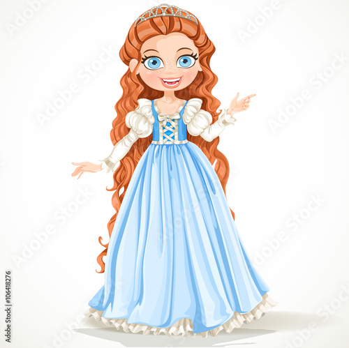 Young princess with long brown hair in a blue dress