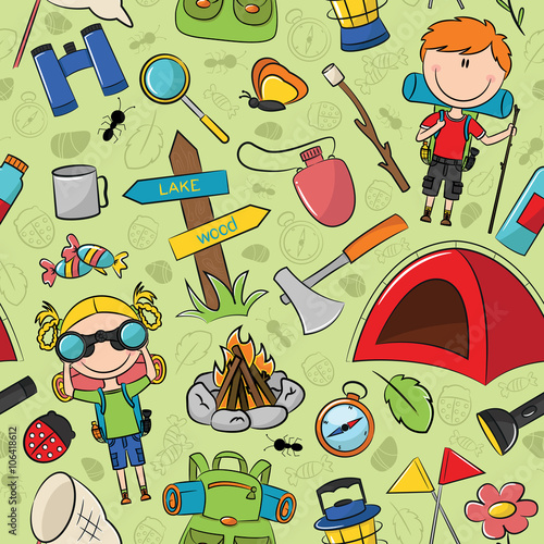 Boys and Gils Scouts with travel's tools vector seamless pattern