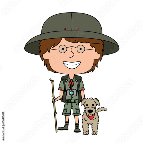 Happy vector boy scout with his fluffy dog