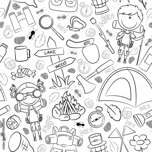 Boys and Gils Scouts with travel's tools vector seamless pattern