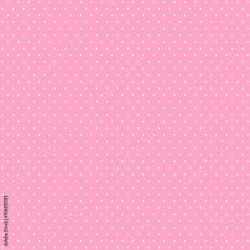 Seamless pattern of small, pink polka dots on a white background.