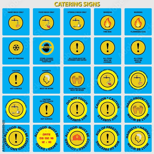 set of mandatory catering signs (food, safety, warning, symbol, fire, attention, utensils) flat vector illustration