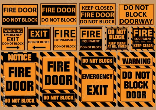 set of do not block door for emergency purposes (warning, notice, safety) flat vector illustration