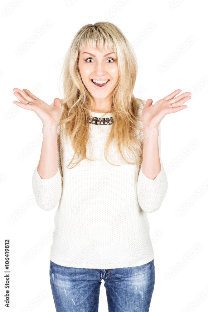 Portrait of surprised young female student. human emotion expression and lifestyle concept. image on a white studio background. Portrait of surprised young female student. human emotion expression and lifestyle concept. image on a white studio background.