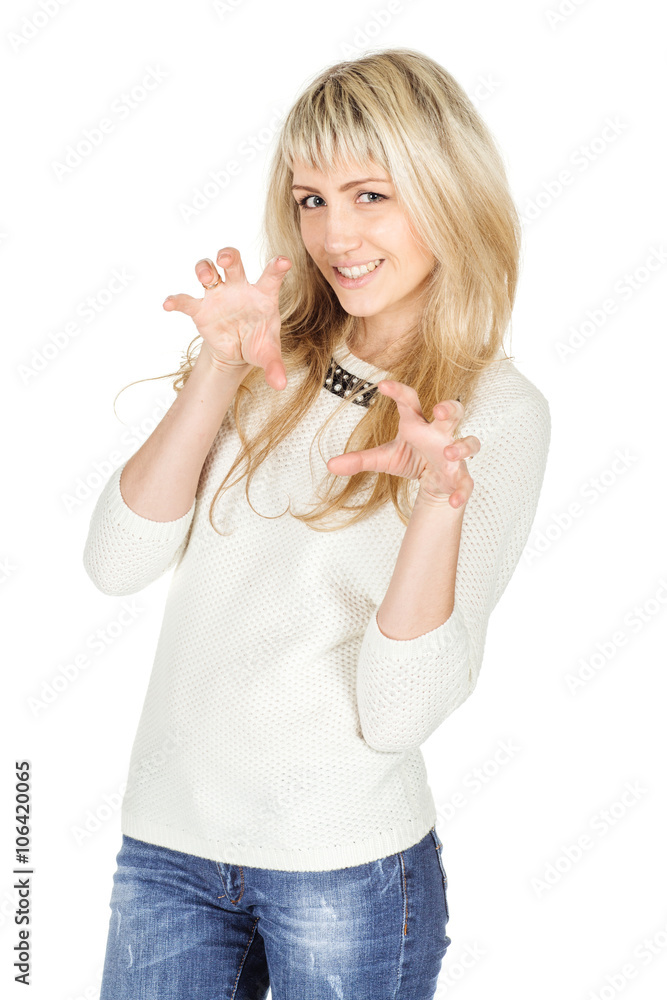 Portrait of angry, serious woman gesturing Like Cat Claw. human emotion expression and lifestyle concept. image on a white studio background. Portrait of angry, serious woman gesturing Like Cat Claw. human emotion expression and lifestyle concept. image on a white studio background.