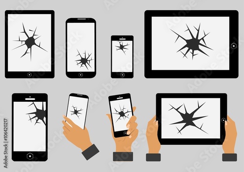 set of broken screen of smart phone and digital tablet. flat vector illustration
