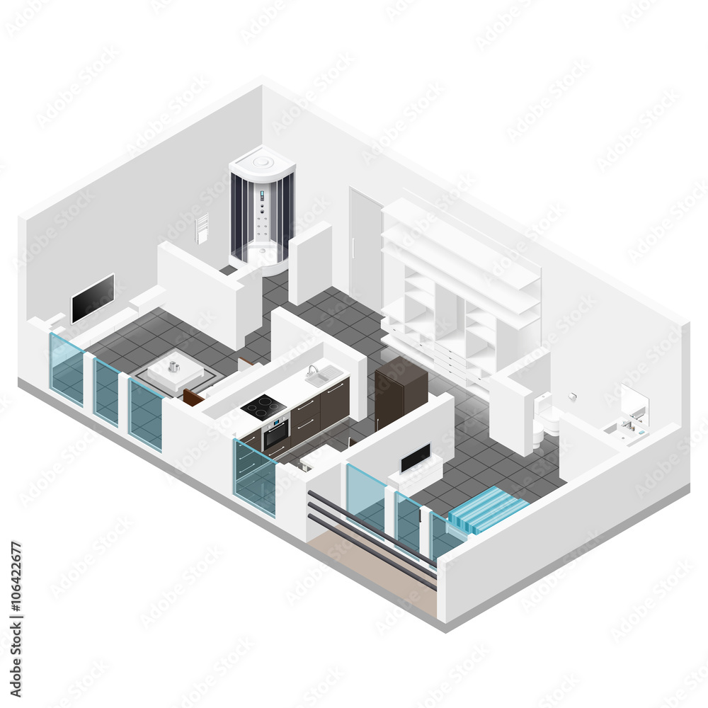 Residential apartment with balcony isometric icon set Residential apartment with balcony isometric icon set