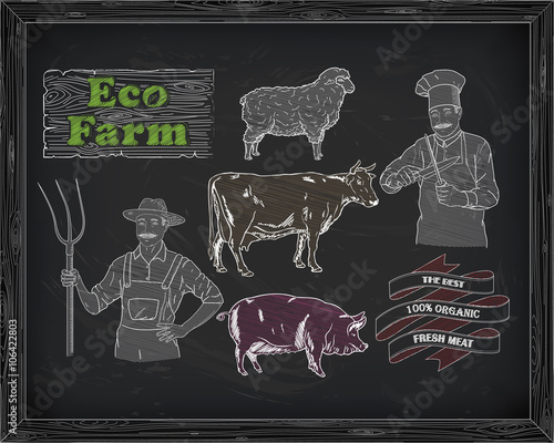 butchering beef, pork, lamb and farmer, cook