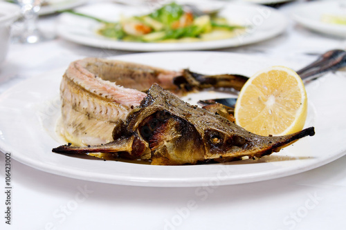 Baked sterlet fish on white plate photo