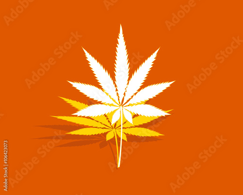 Cannabis leaf on a orange, yellow and white background, marijuana leaf rising, legalization of cannabis, cannabis leaf floating