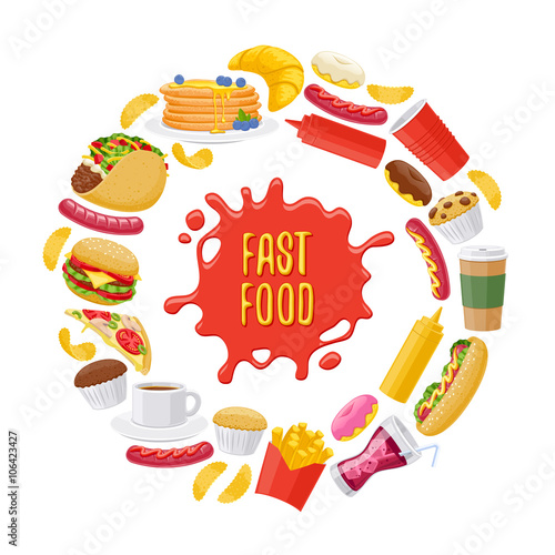 Beautiful fast food icons round background.