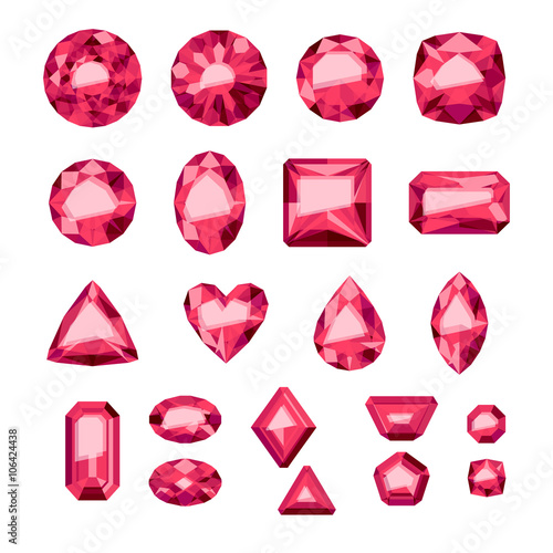Set of flat style red jewels. Rubies isolated.