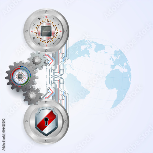 Abstract design for industry/technology background with electronic chip attached to 3d gears, shields equipped with key holes and processor chip on metallic circular devices
