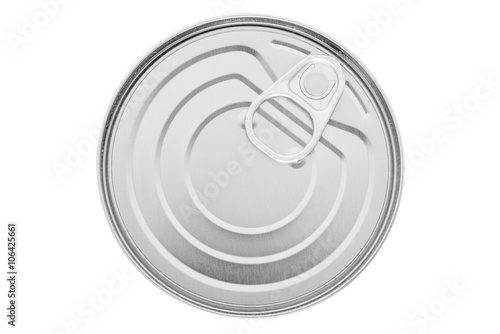 Tin can with pull ring isolated. Isolated metal packaging. Top view photo.