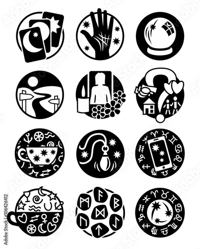 Twelve symbols showing different methods of clairvoyance, psychic reading and fortune telling in black
