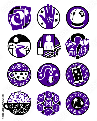 Twelve symbols showing different methods of clairvoyance, psychic reading and fortune telling in colours purple and black