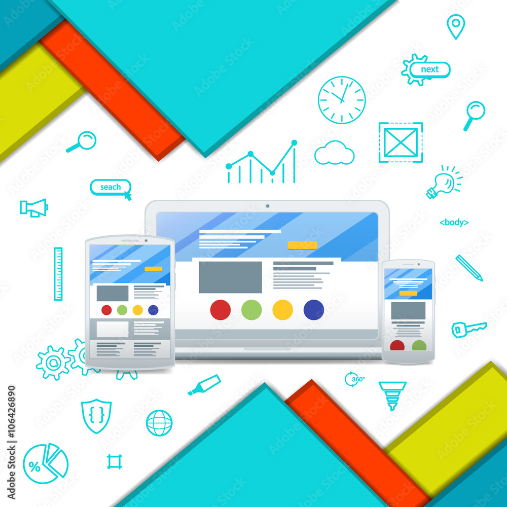 Multicolor Background Unusual modern material design. Web design layout of sites. Seo promotion. White flat and thin laptop, phone, tablet. Flat modern business icons. Multicolor Background Unusual modern material design. Web design layout of sites. Seo promotion. White flat and thin laptop, phone, tablet. Flat modern business icons.