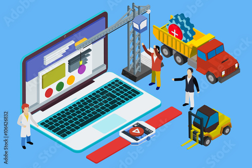 Flat 3d laptop and smart watches. Website development, experienced team. Teamwork. Responsive vector illustration.