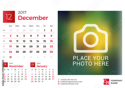 Desk Calendar for 2017 Year. Vector Design Print Template with Place for Photo. December. Week Starts Sunday. 3 Months on Page