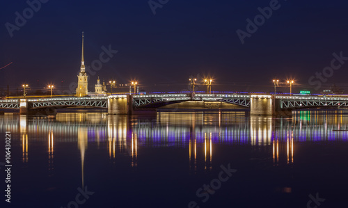 Neva river  Peter and Paul Cathedral  Palace bridge at night 