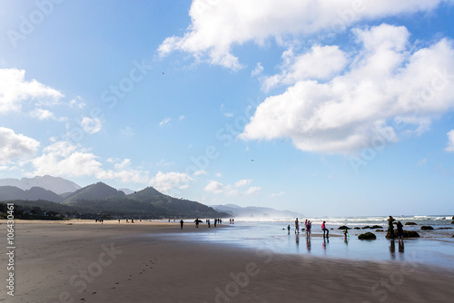 Fototapeta Naklejka Na Ścianę i Meble -  people walking on the beach of cannon beach on the west coast of Washington state in the united states of america during a sunny day with mountain, ocean, house on the sea front and a misty rain