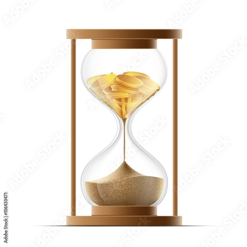Hourglass with sand and gold coins. Bankruptcy and devaluation.