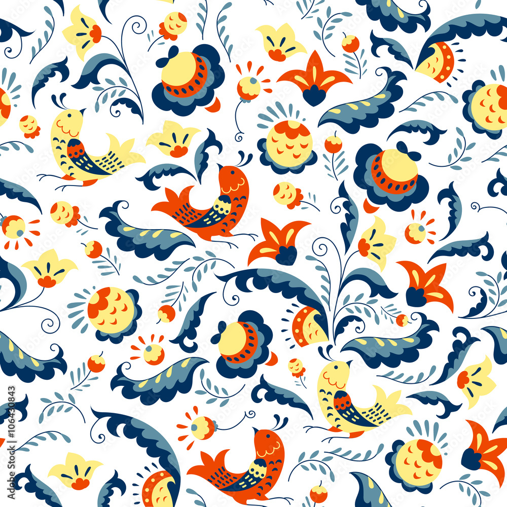 Vector floral pattern with flowers, berries and leaves. Flower and bird on a white background. Seamless pattern can be used for wallpaper, pattern fills, web page background, surface textures. Vector floral pattern with flowers, berries and leaves. Flower and bird on a white background. Seamless pattern can be used for wallpaper, pattern fills, web page background, surface textures.