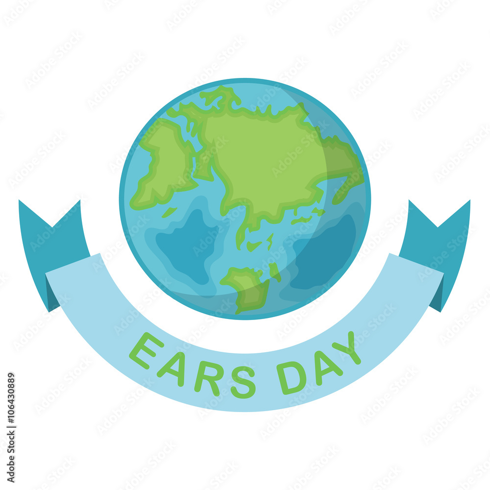 Greeting card with Earth day. Earth Day April 22 and blue Ribbon.  Globe on white background. Vector illustration