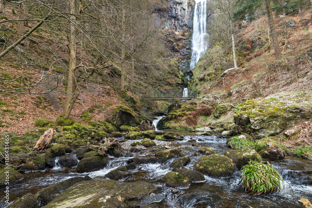 Fototapeta premium Pistyll Rhaeader waterfall, at 80 m is the highest waterfall in Wales and a popular tourist attraction in the Berwyn mountains near Llanrhaeadr-ym-Mochnant near Oswestry.