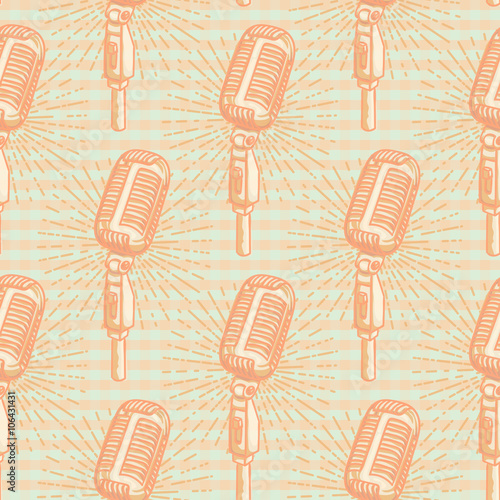 Retro golden microphone seamless pattern. Hand drawn retro background with sunburst. Suitable for banner, ad, t-shirt design. Vintage design seamless element